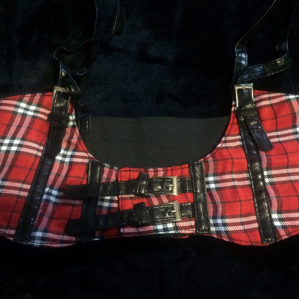 Red Plaid Women's Vest with Black Buckle Vinyl Accents
